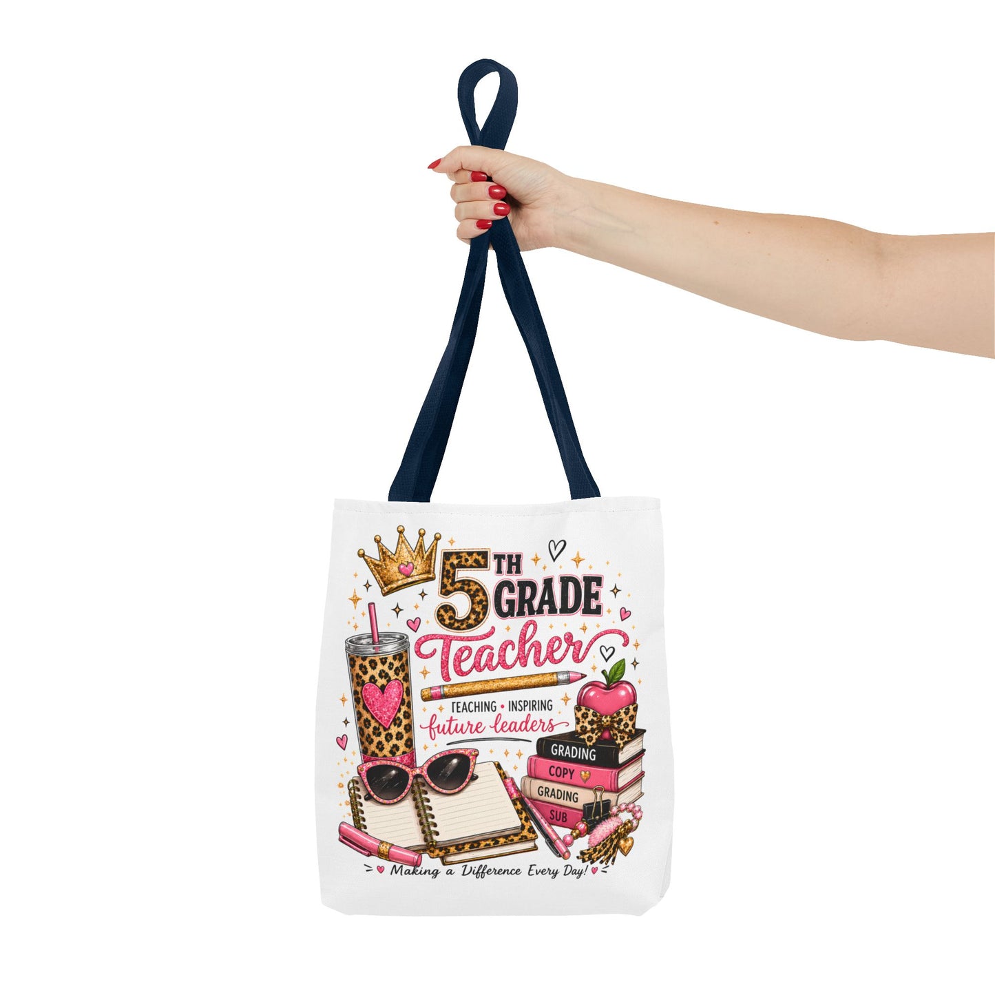 5th Grade Teacher Tote Bag – Cute Leopard Pink Teacher Gift, "Teaching Inspiring Future Leaders"