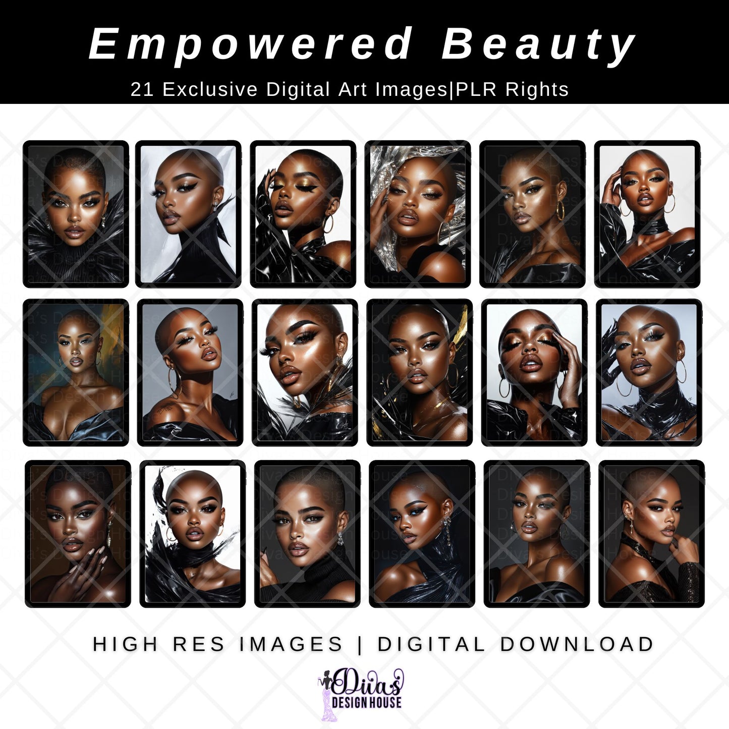 21 Melanin Muse Digital Art Images | Black Luxury PLR Branding Graphics | High Res | Stock Images| Rebrandable Content for Black Beauty Influencers