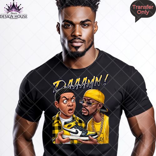 DAAAAMN! T-Shirt DTF Transfer | Cartoon Sneakerhead Design for Men | Yellow & Black Urban Style Heat Press Iron-On