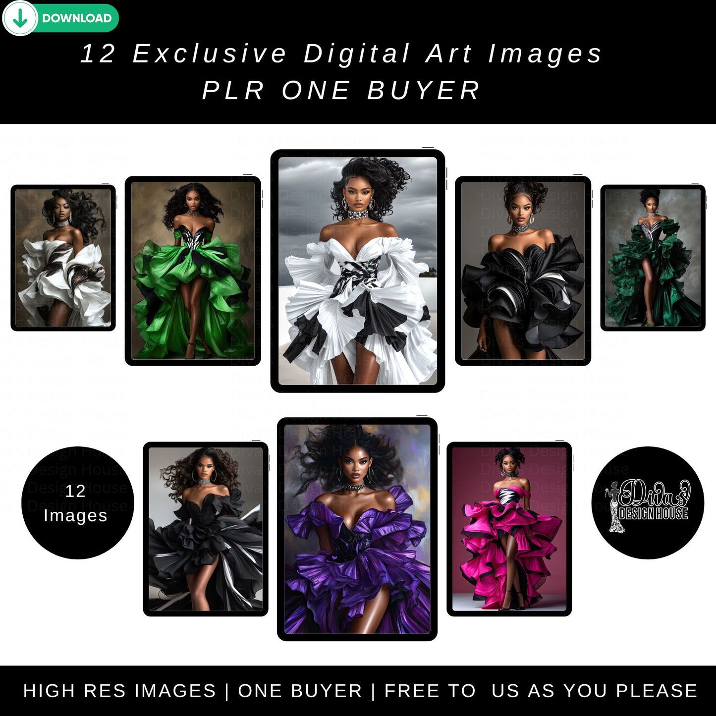 Embracing Luxury Black Woman Art Bundle | 12 High-Res Fashion Illustrations | Digital Download with PLR | Glamorous African American Clipart for Canva, T-Shirts & Affirmation Cards