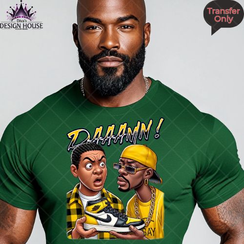 DAAAAMN! T-Shirt DTF Transfer | Cartoon Sneakerhead Design for Men | Yellow & Black Urban Style Heat Press Iron-On