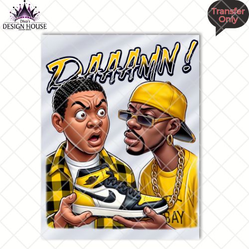 DAAAAMN! T-Shirt DTF Transfer | Cartoon Sneakerhead Design for Men | Yellow & Black Urban Style Heat Press Iron-On