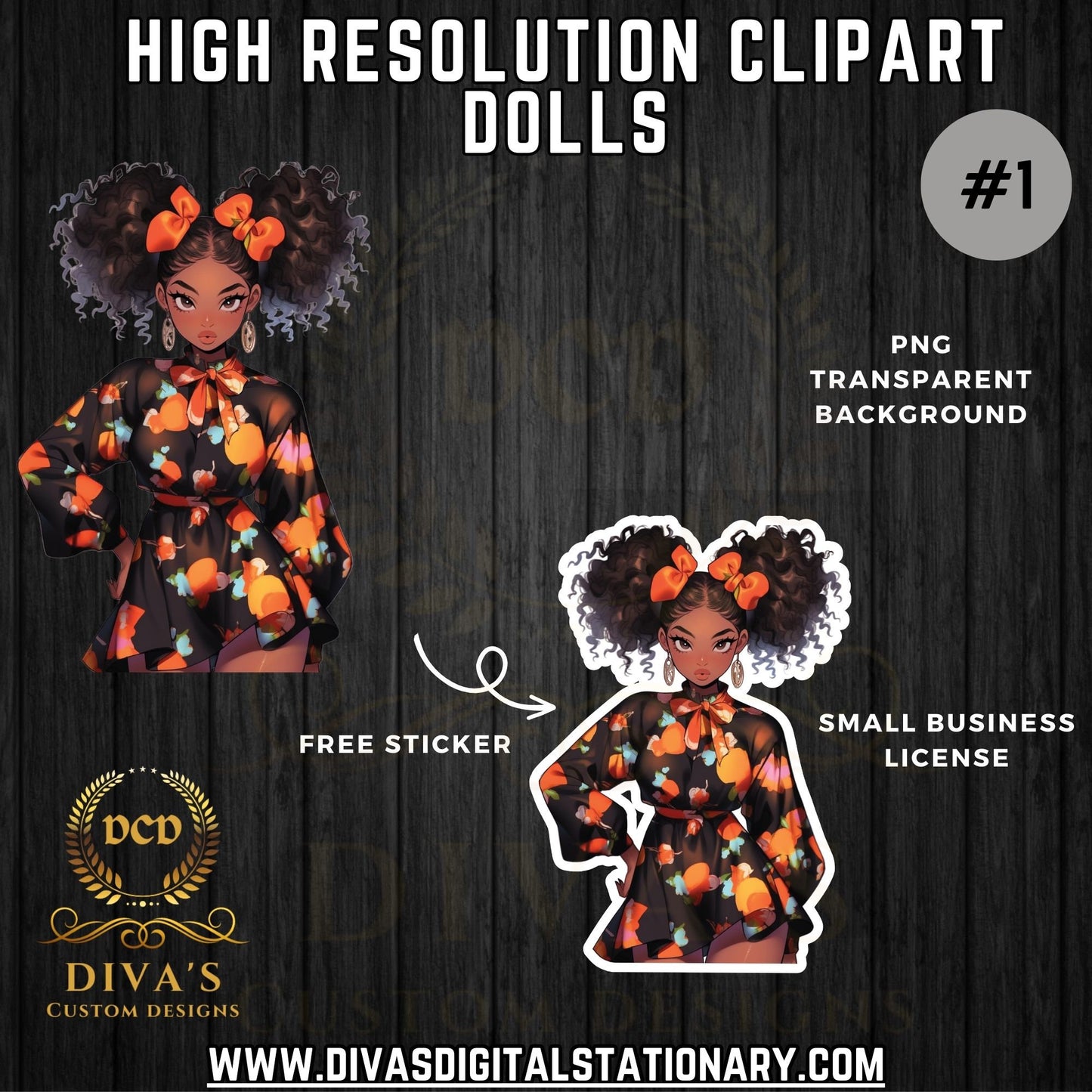 Cute Clipart Dolls High-Resolution Clip Art | Digital Sticker | African-American | Includes a Small Business Commercial Use License