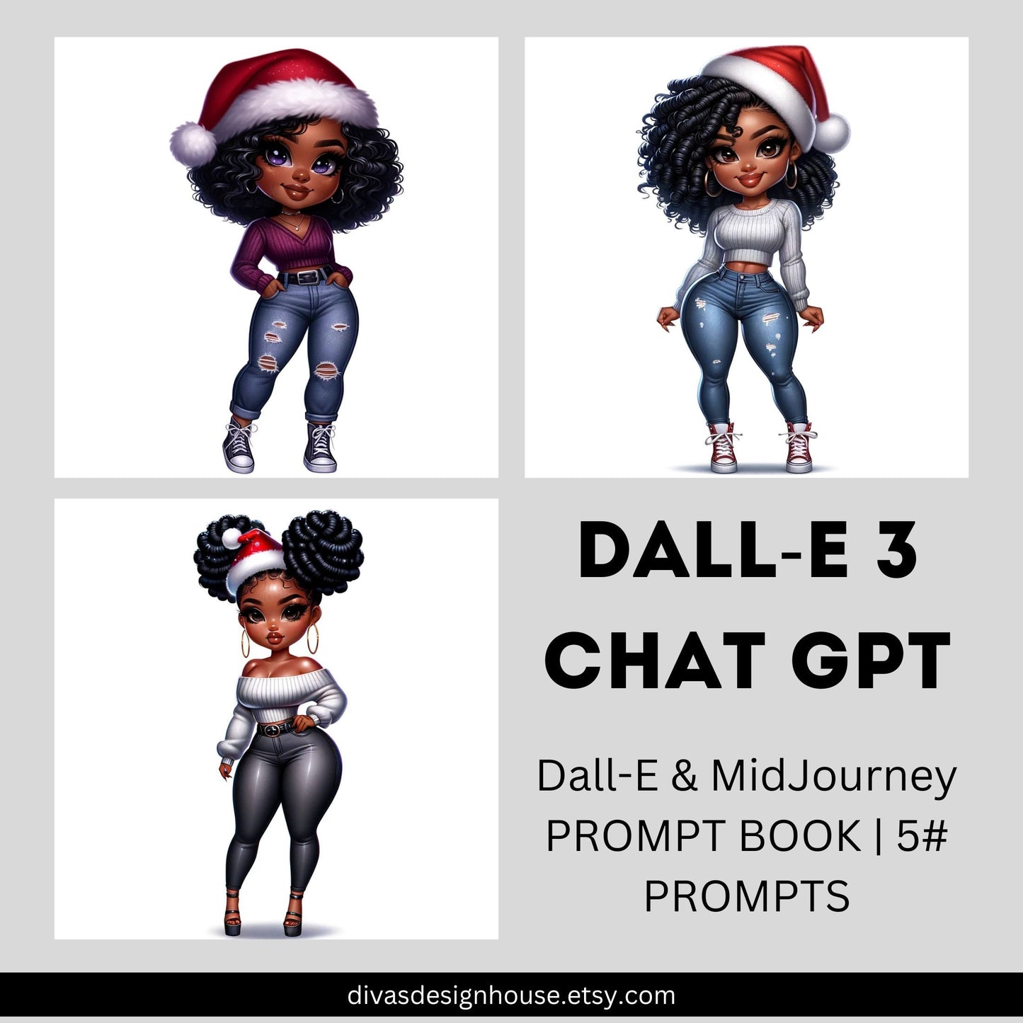 Melanin Women Xmas DALLE3 Prompt Guide | 5 Images | 5 Prompts | Includes a ChatGPT Prompt to Help Your Created Unlimited Prompts | MidJounry