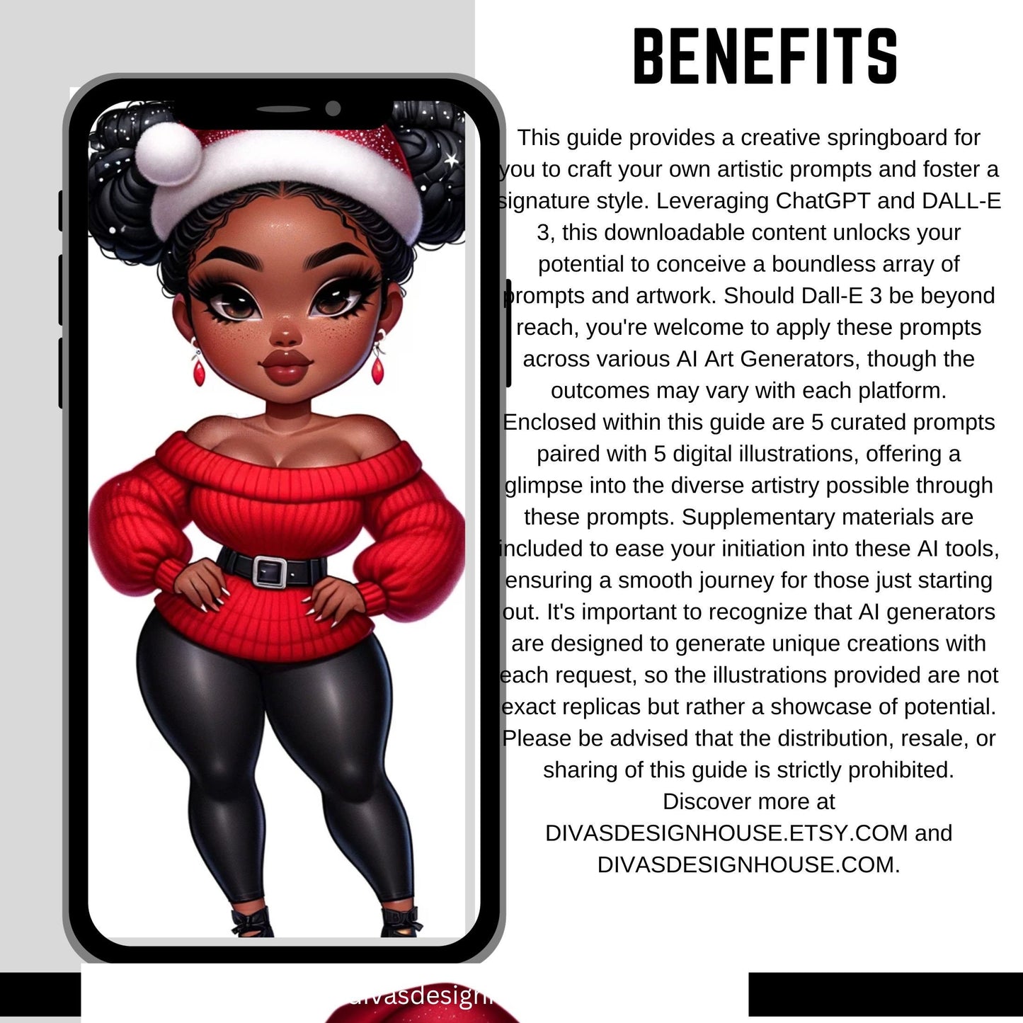 Melanin Women Xmas DALLE3 Prompt Guide | 5 Images | 5 Prompts | Includes a ChatGPT Prompt to Help Your Created Unlimited Prompts | MidJounry