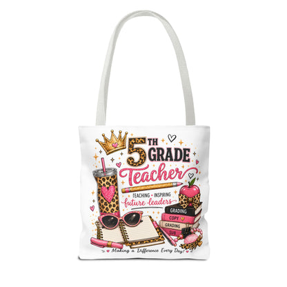 5th Grade Teacher Tote Bag – Cute Leopard Pink Teacher Gift, "Teaching Inspiring Future Leaders"