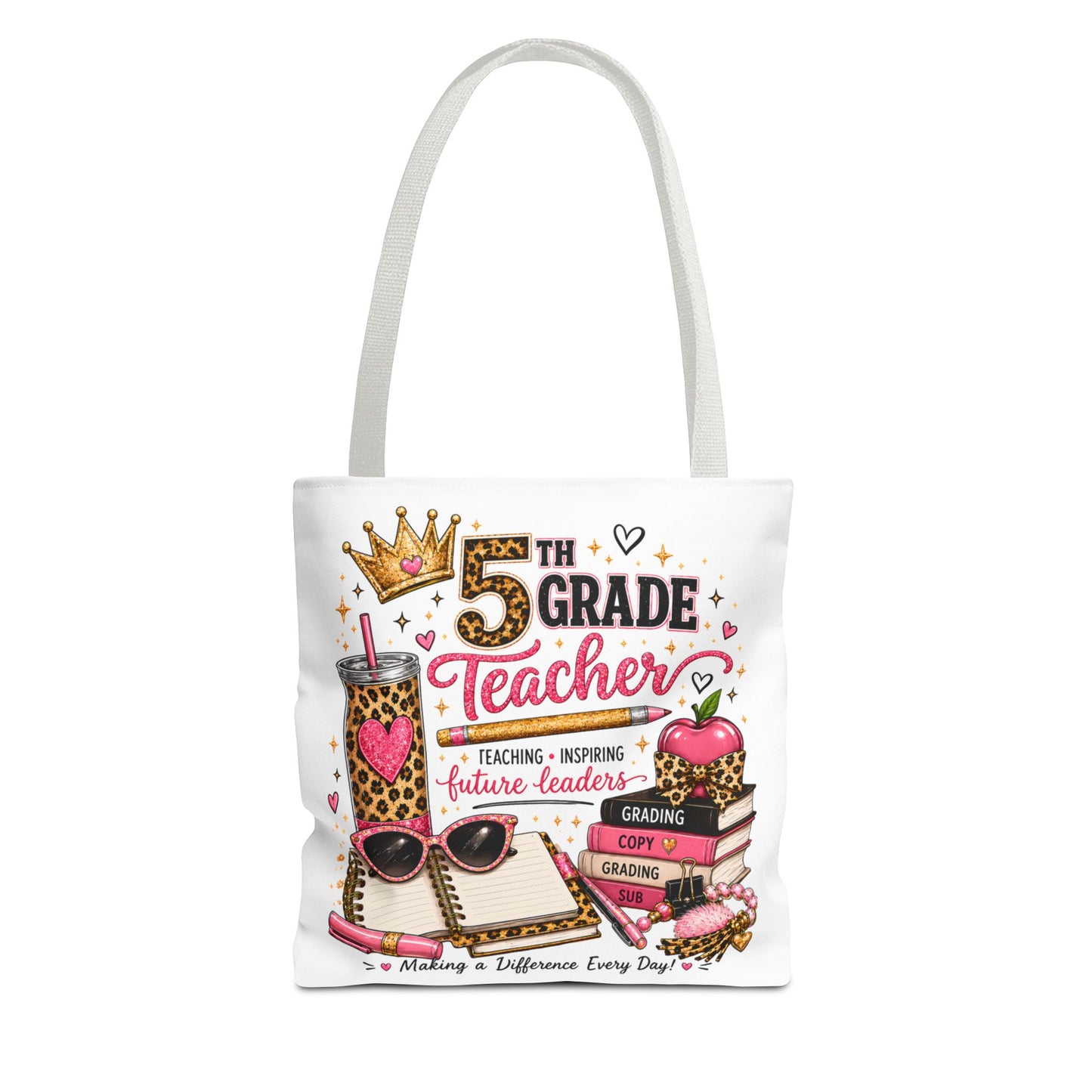 5th Grade Teacher Tote Bag – Cute Leopard Pink Teacher Gift, "Teaching Inspiring Future Leaders"