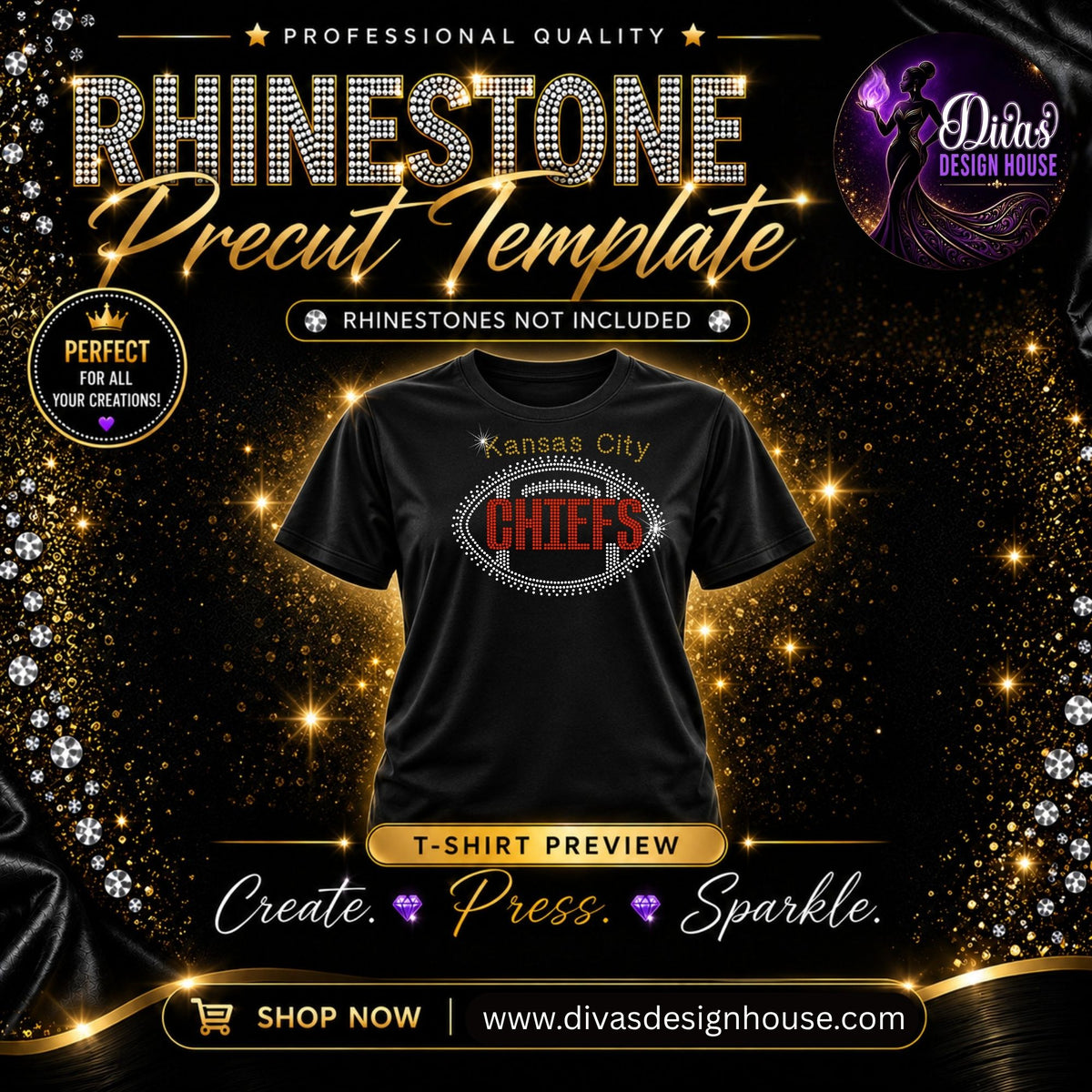 Kansas City Chiefs Football | Precut Rhinestone Template | SS10