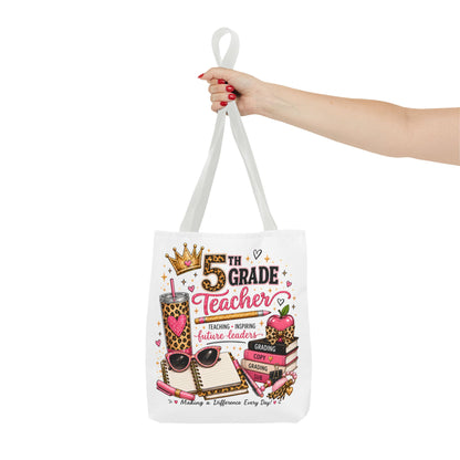 5th Grade Teacher Tote Bag – Cute Leopard Pink Teacher Gift, "Teaching Inspiring Future Leaders"