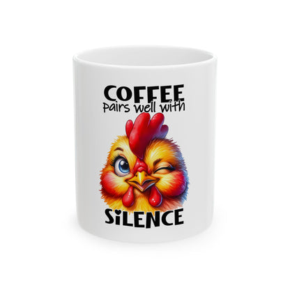 Coffee Pairs Well Ceramic Mug — Colorful Pup Illustration, 'Coffee Paws and Silence' Gift (11oz)