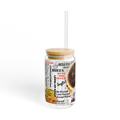 I Am Enough Glass Can Tumbler – 16oz Straw Cup with Empowering Black Queen Design