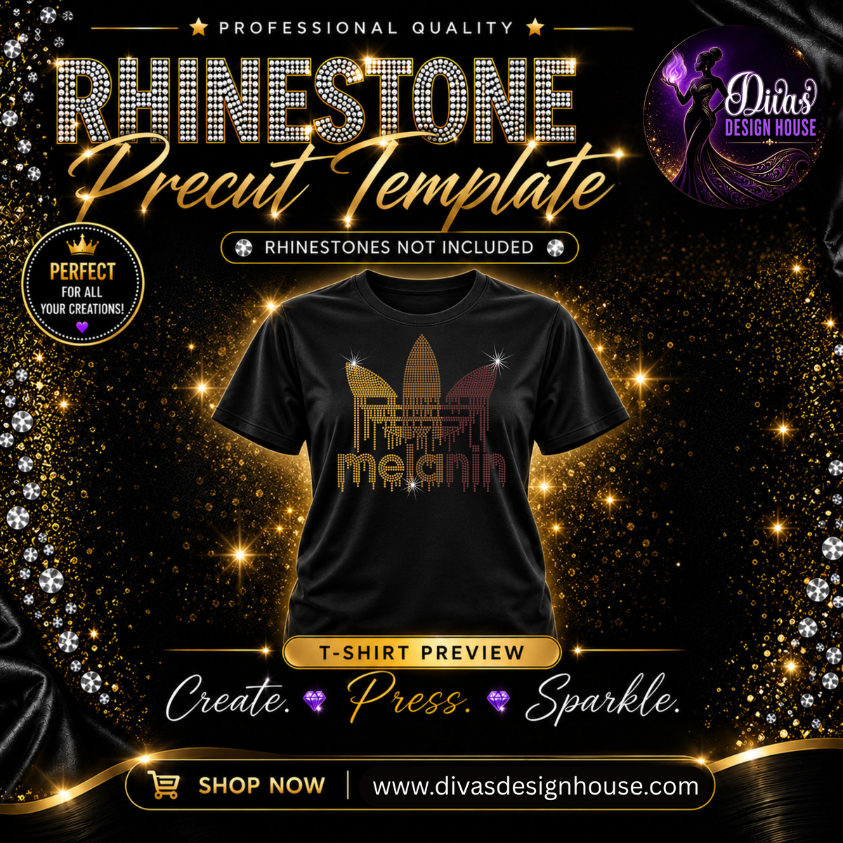 Melanin – Dripping Crown | Precut Rhinestone Template | SS10