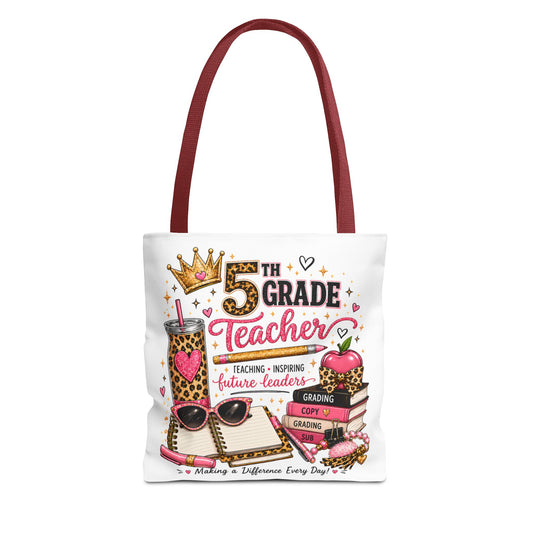 5th Grade Teacher Tote Bag – Cute Leopard Pink Teacher Gift, "Teaching Inspiring Future Leaders"