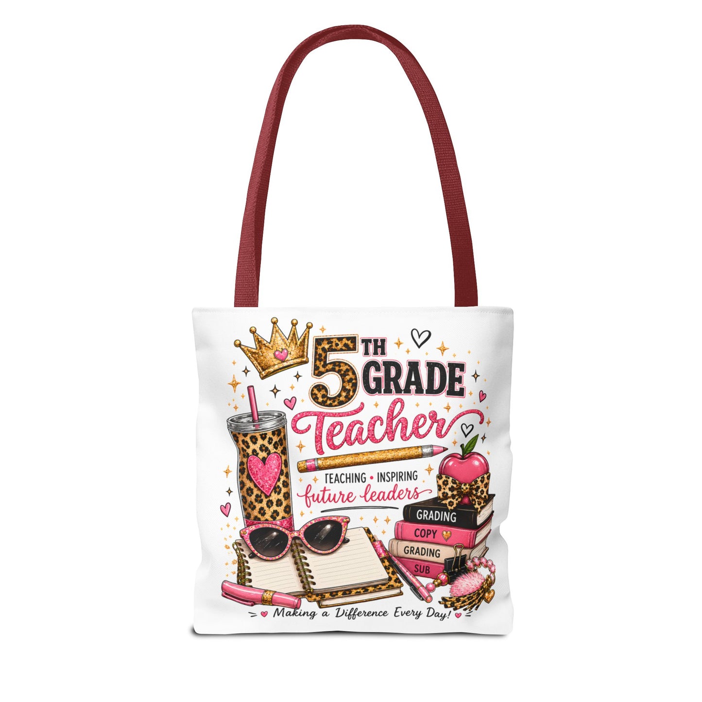 5th Grade Teacher Tote Bag – Cute Leopard Pink Teacher Gift, "Teaching Inspiring Future Leaders"