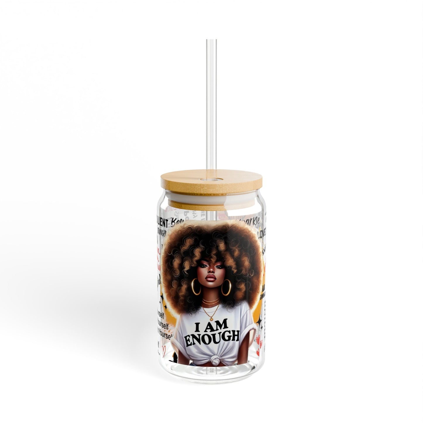 I Am Enough Glass Can Tumbler – 16oz Straw Cup with Empowering Black Queen Design