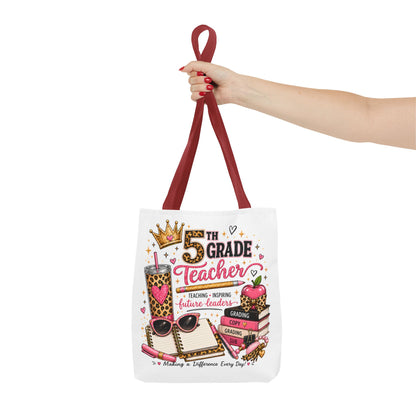 5th Grade Teacher Tote Bag – Cute Leopard Pink Teacher Gift, "Teaching Inspiring Future Leaders"