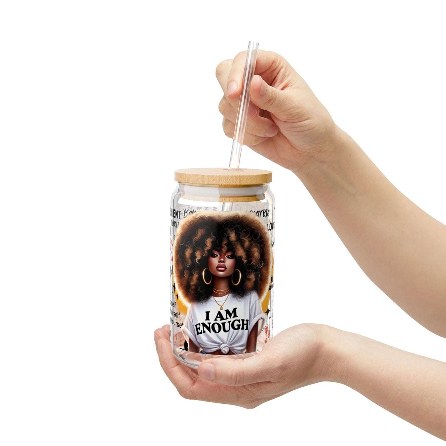 I Am Enough Glass Can Tumbler – 16oz Straw Cup with Empowering Black Queen Design