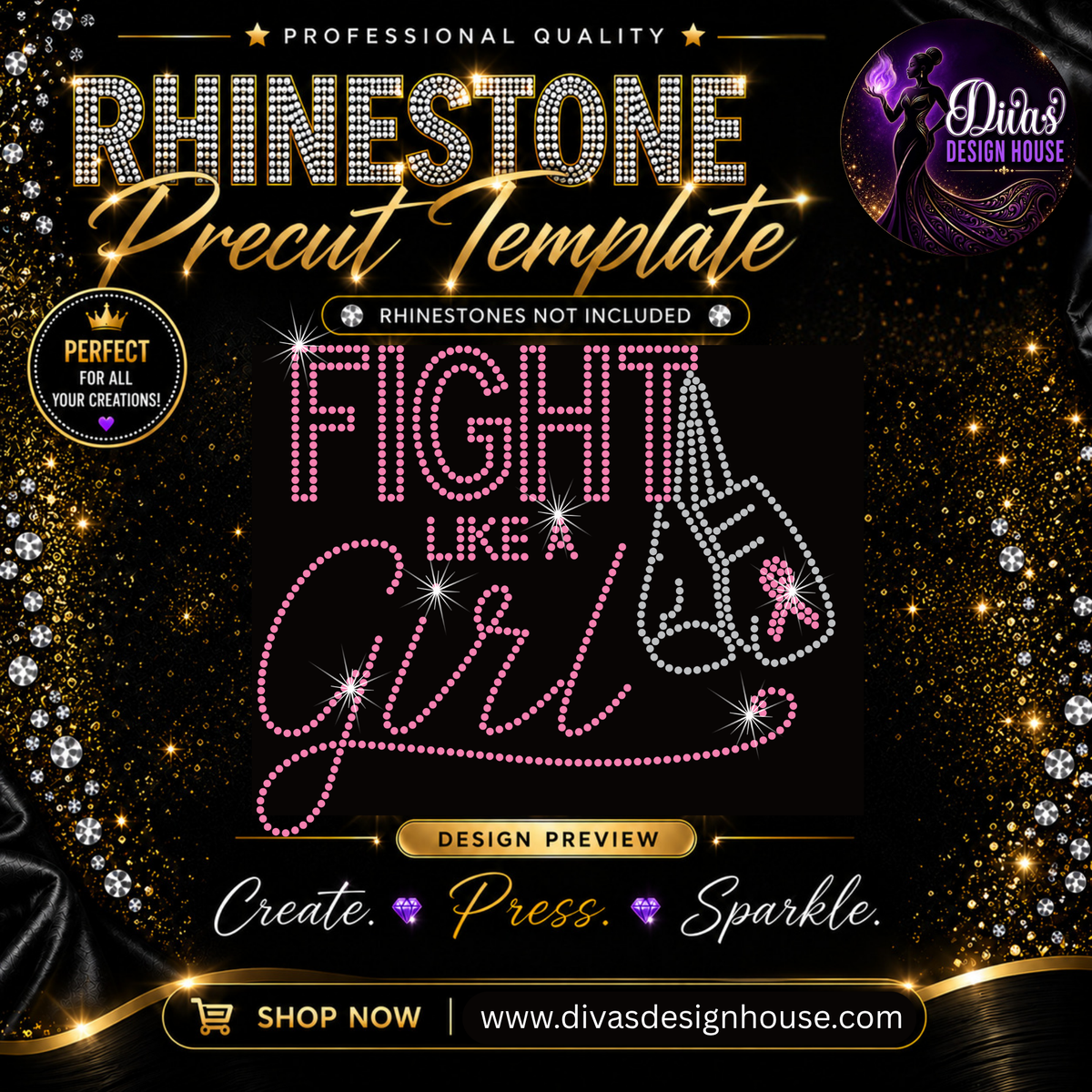 Fight Like a Girl – Breast Cancer Awareness | Precut Rhinestone Template | SS10