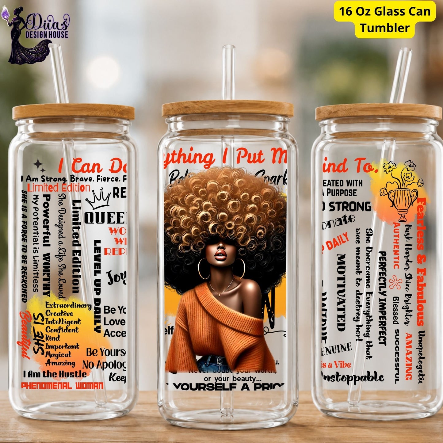 The Fearless & Fabulous Glass Can Tumbler – 16oz Straw Cup with Empowering Black Queen Design