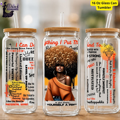 The Fearless & Fabulous Glass Can Tumbler – 16oz Straw Cup with Empowering Black Queen Design