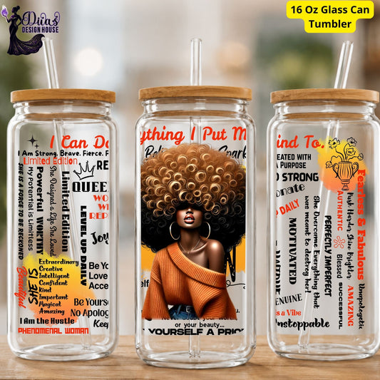 The Fearless & Fabulous Glass Can Tumbler – 16oz Straw Cup with Empowering Black Queen Design