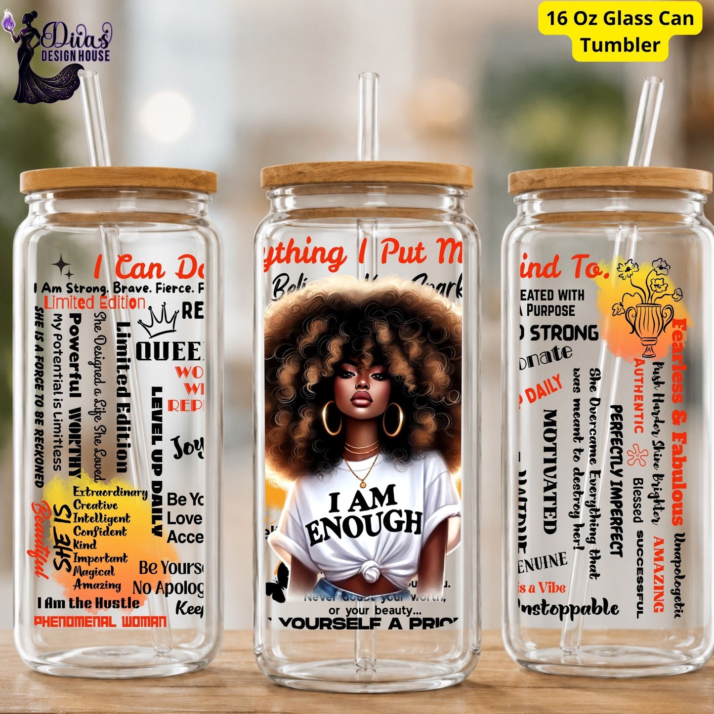 I Am Enough Glass Can Tumbler – 16oz Straw Cup with Empowering Black Queen Design