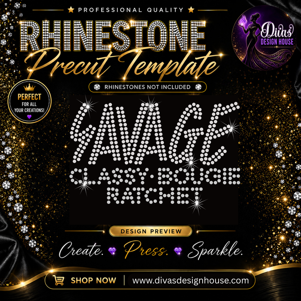 Savage Classy Bougie Ratchet – Mini | Precut Rhinestone Template | SS10