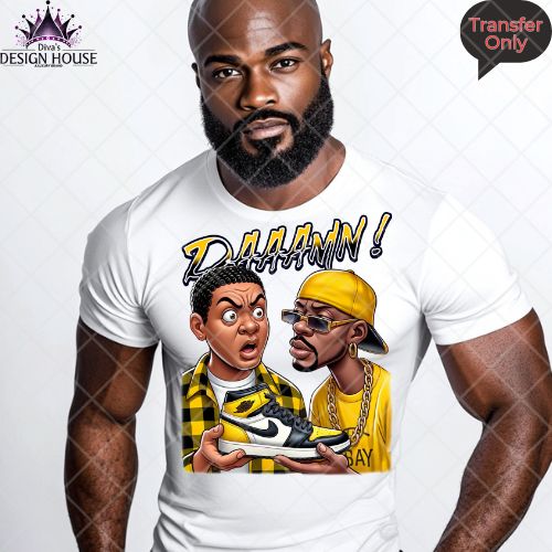 DAAAAMN! T-Shirt DTF Transfer | Cartoon Sneakerhead Design for Men | Yellow & Black Urban Style Heat Press Iron-On
