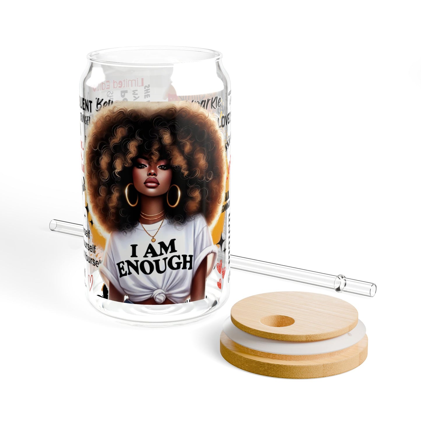 I Am Enough Glass Can Tumbler – 16oz Straw Cup with Empowering Black Queen Design