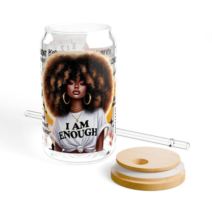 I Am Enough Glass Can Tumbler – 16oz Straw Cup with Empowering Black Queen Design