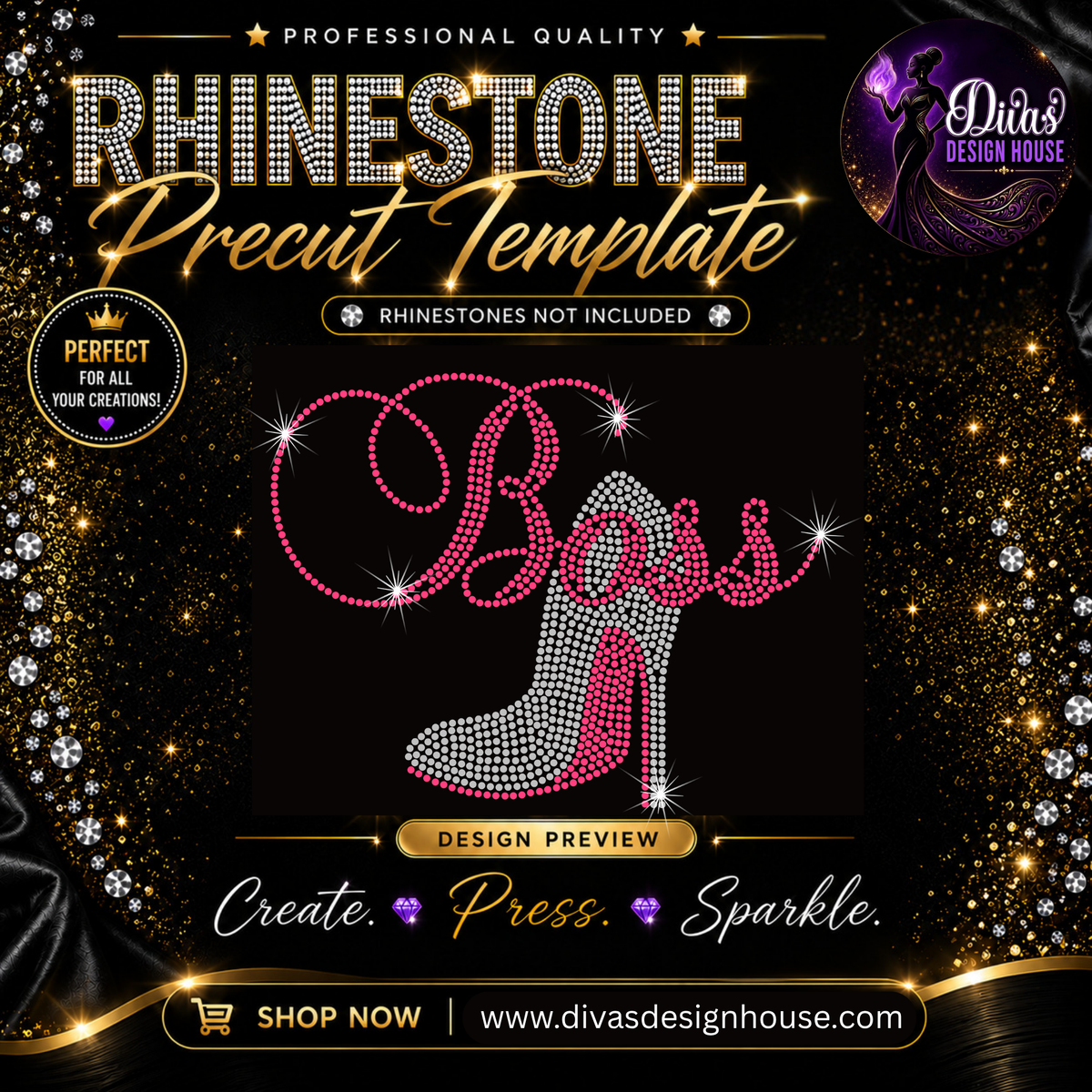 Boss Heel | Precut Rhinestone Template | SS10