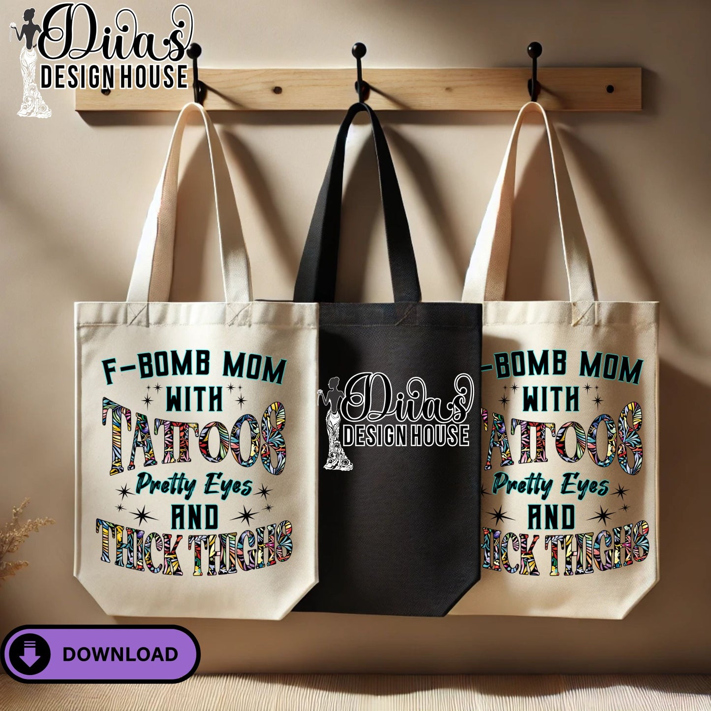 F-Bomb Mom with Tattoos PNG – Pretty Eyes & Thick Thighs Graphic – Sublimation/DTF Transfer Design – Commercial Use Download
