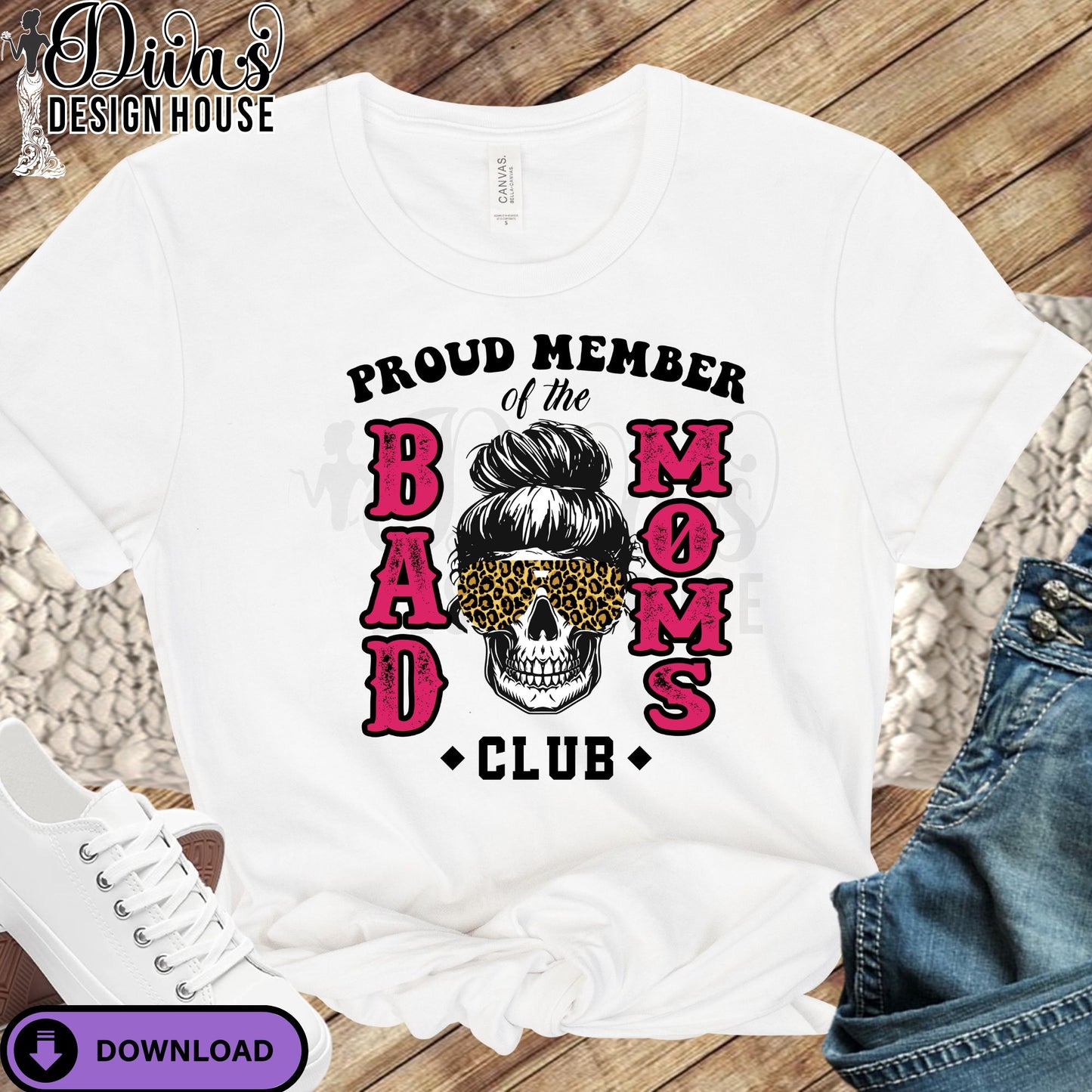 Proud Member of the Bad Moms Club PNG| Skull Mom Sublimation Design with Leopard Glasses – Instant Download| Funny Sublimation| Design for T-Shirts| Commercial Use Digital Download for Transfers & More (Copy)