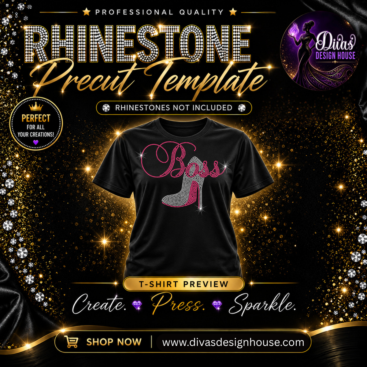 Boss Heel | Precut Rhinestone Template | SS10