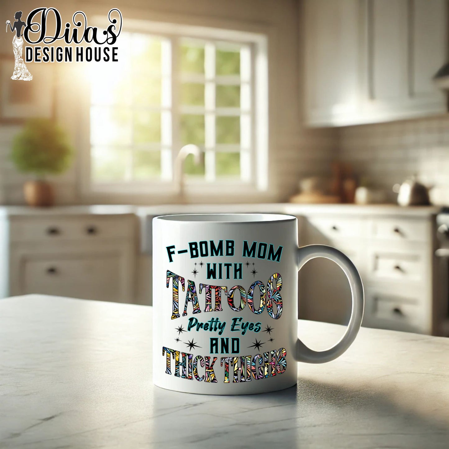 F-Bomb Mom with Tattoos PNG – Pretty Eyes & Thick Thighs Graphic – Sublimation/DTF Transfer Design – Commercial Use Download