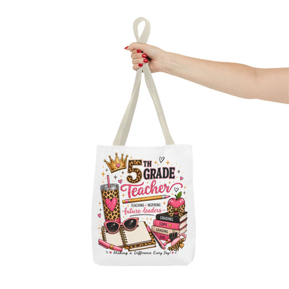 5th Grade Teacher Tote Bag – Cute Leopard Pink Teacher Gift, "Teaching Inspiring Future Leaders"