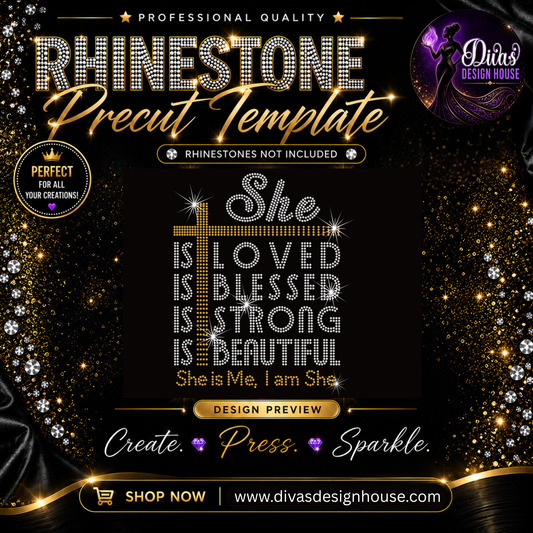 She Is Loved, Blessed, Strong & Beautiful | Precut Rhinestone Template | SS10