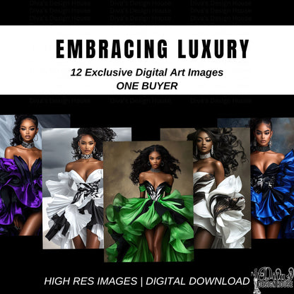 Embracing Luxury Black Woman Art Bundle | 12 High-Res Fashion Illustrations | Digital Download with PLR | Glamorous African American Clipart for Canva, T-Shirts & Affirmation Cards
