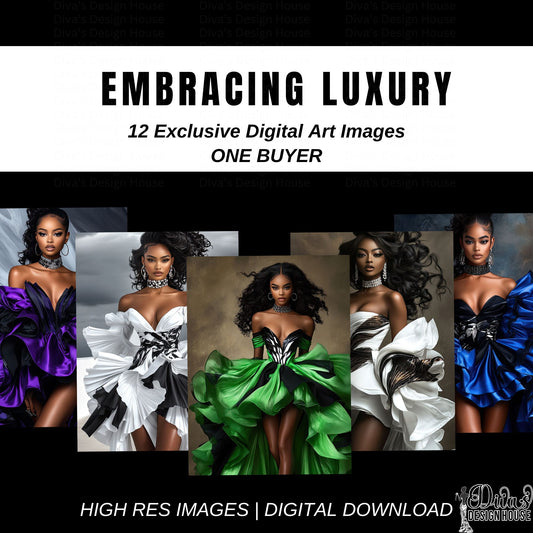 Embracing Luxury Black Woman Art Bundle | 12 High-Res Fashion Illustrations | Digital Download with PLR | Glamorous African American Clipart for Canva, T-Shirts & Affirmation Cards