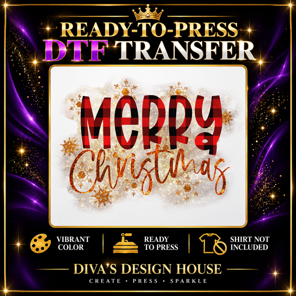 Merry Christmas Buffalo Plaid & Gold | Ready-to-Press DTF Transfer