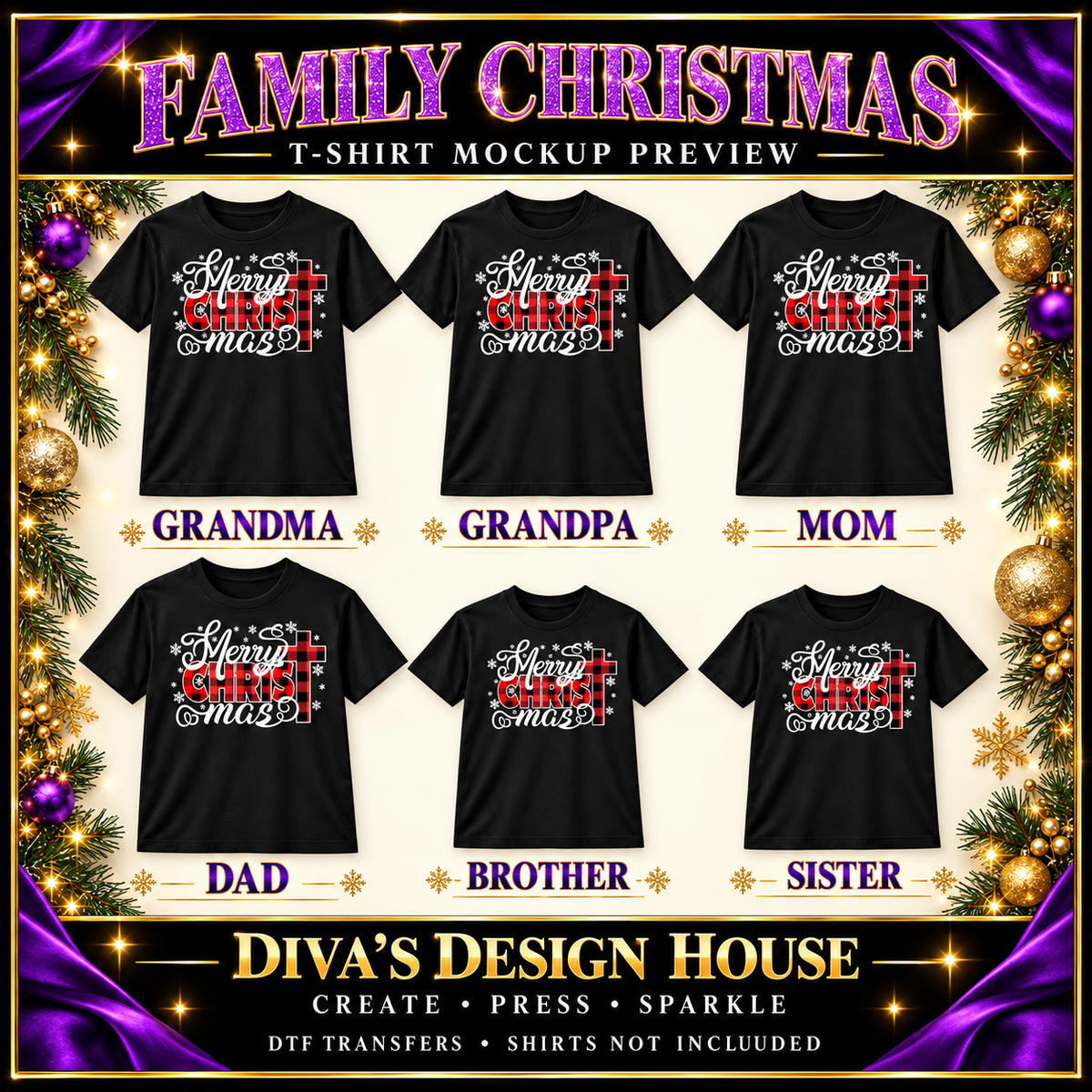 Merry CHRISTmas plaid cross DTF transfer preview on black family shirts