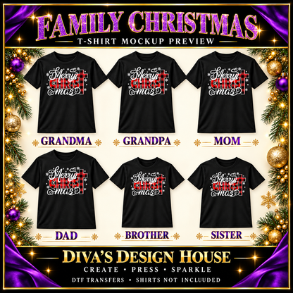 Merry CHRISTmas plaid cross DTF transfer preview on black family shirts