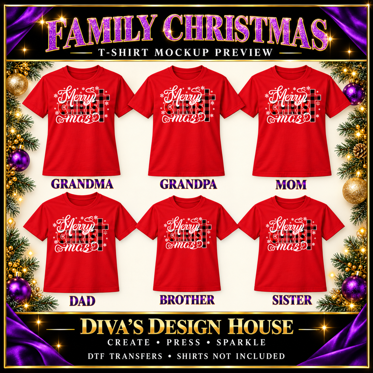 Merry CHRISTmas plaid cross DTF transfer preview on red family shirts