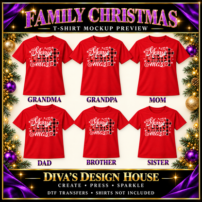 Merry CHRISTmas plaid cross DTF transfer preview on red family shirts