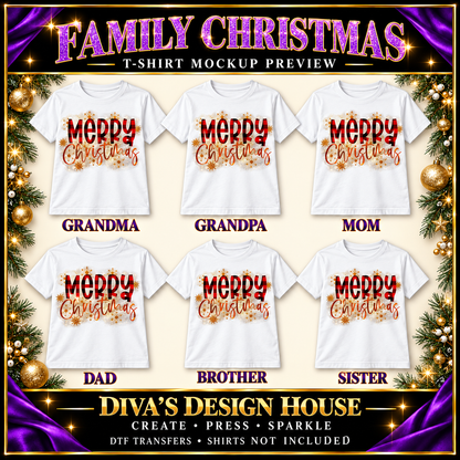 Merry Christmas buffalo plaid and gold DTF transfer preview on white family shirts