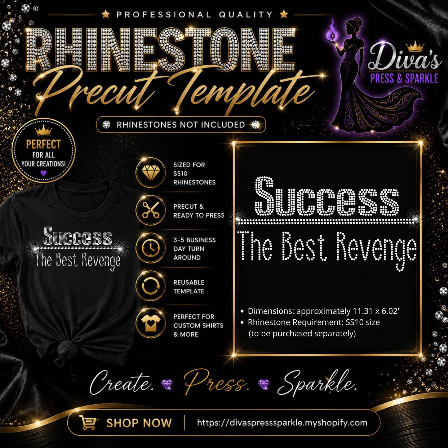 Success The Best Revenge Pre-Cut Ready-to-Use Rhinestone Templates — No Software Needed