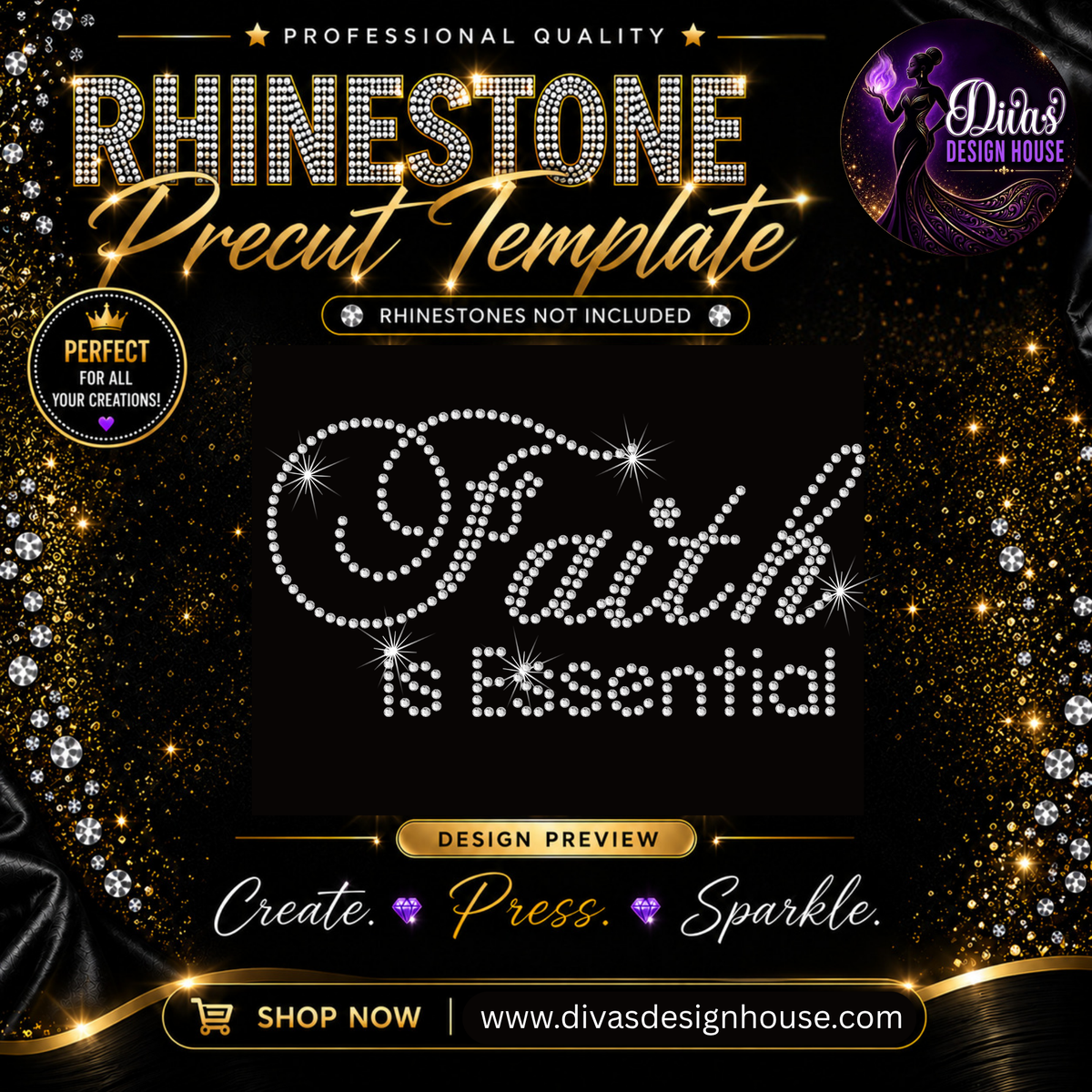 Faith is Essential | Precut Rhinestone Template | SS10