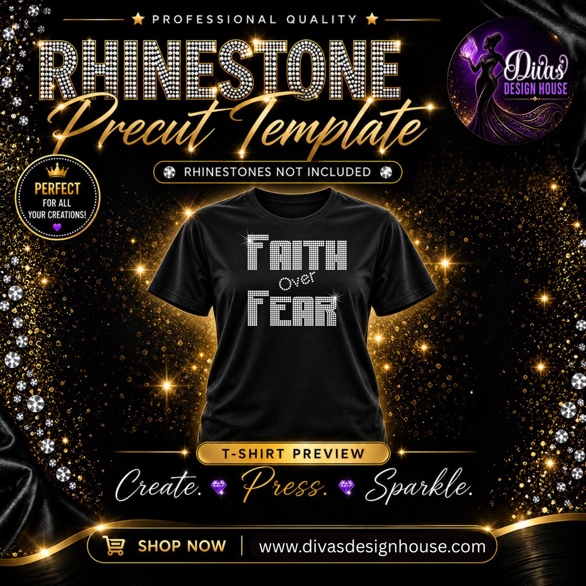 Faith Over Fear  | Precut Rhinestone Template | SS10