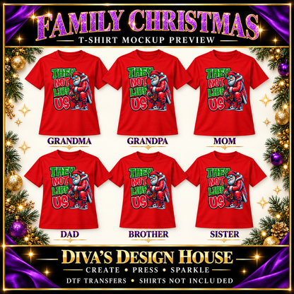 They Not Like Us streetwear Santa DTF transfer preview on red family shirts