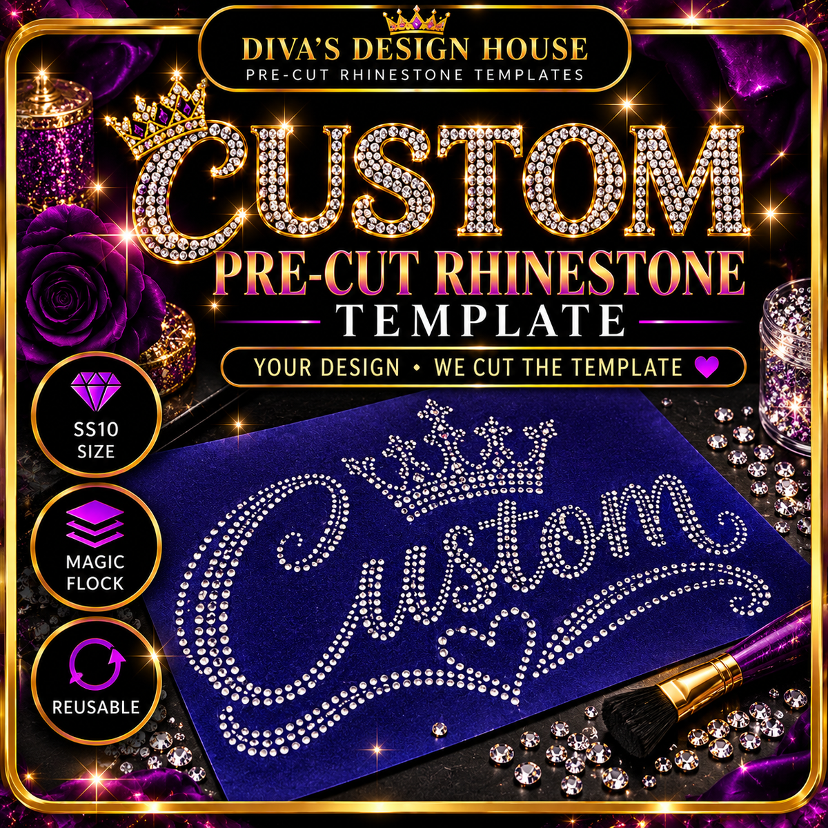 Custom Pre-Cut Rhinestone Template by Diva's Design House